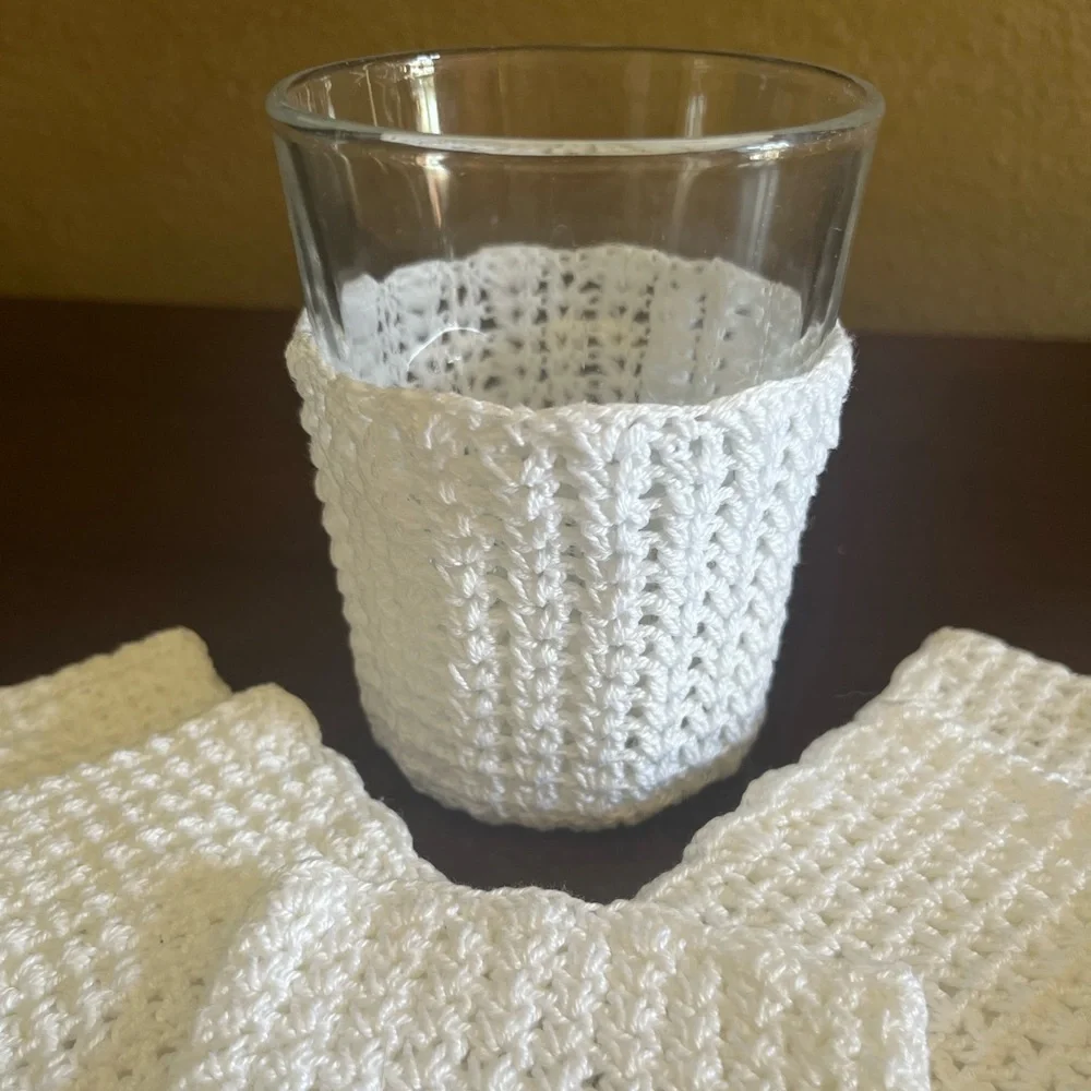 Vintage Cup Koozie Set of 6 Hand Crocheted White Cottagecore Cup Sleeves